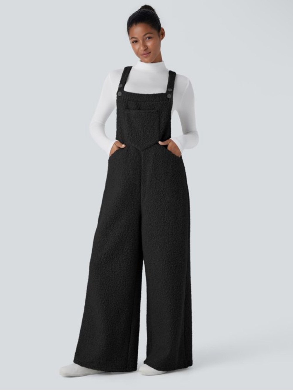 Halara Black Teddy Fleece Wide-Leg Overalls Size M
